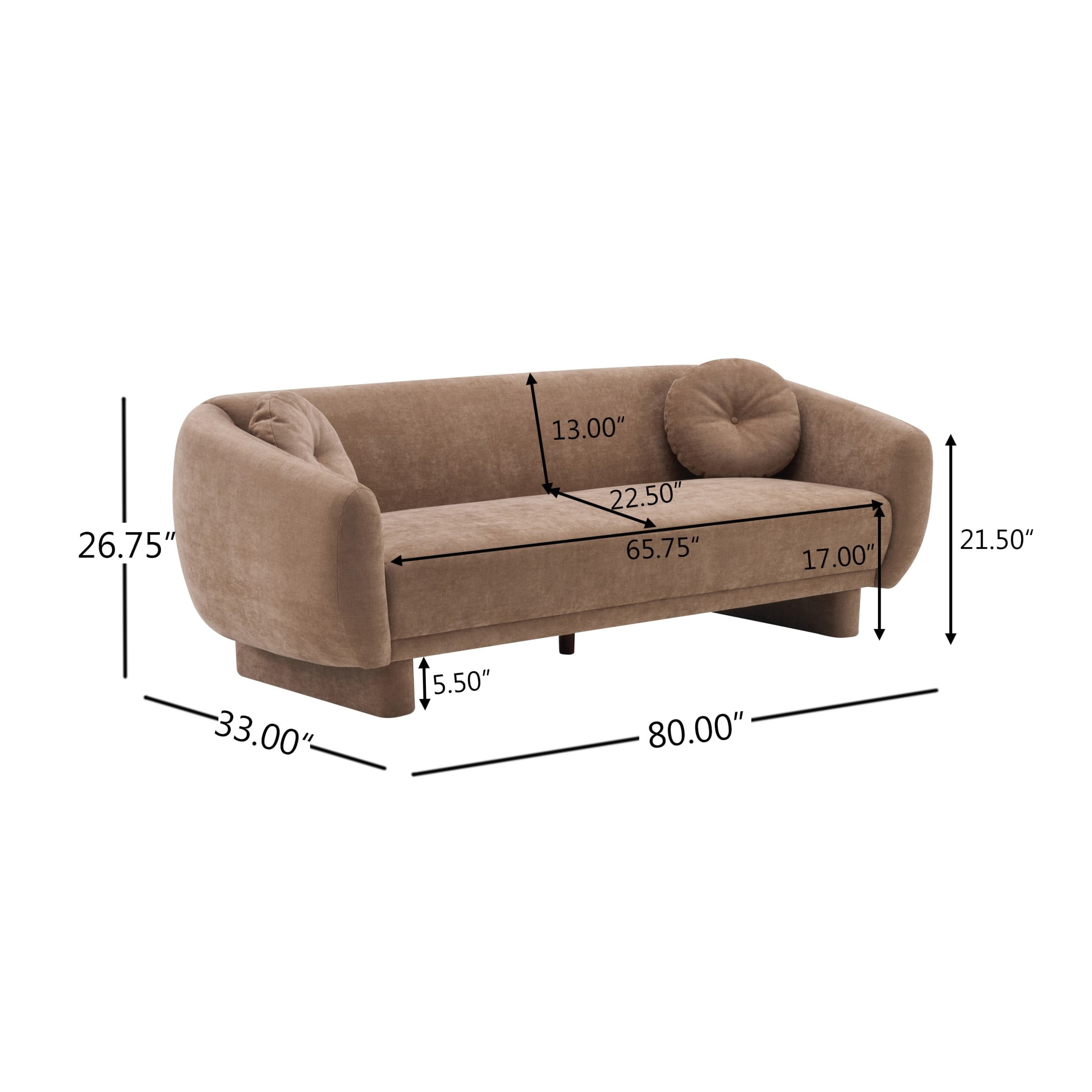 Christopher Knight Home Curved Upholstered 3-Seater Sofa, Soft Modern Couch with Pillows, Brown