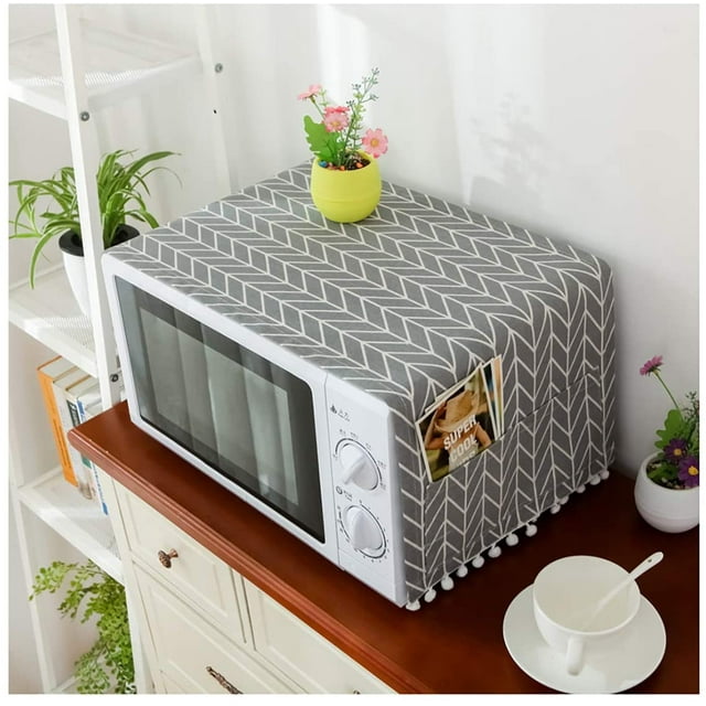 Microwave Oven Cover Dustproof, Cotton Microwave Oven Cover Dust Oil Proof Protection with Side Storage Pockets(Grey Arrow)