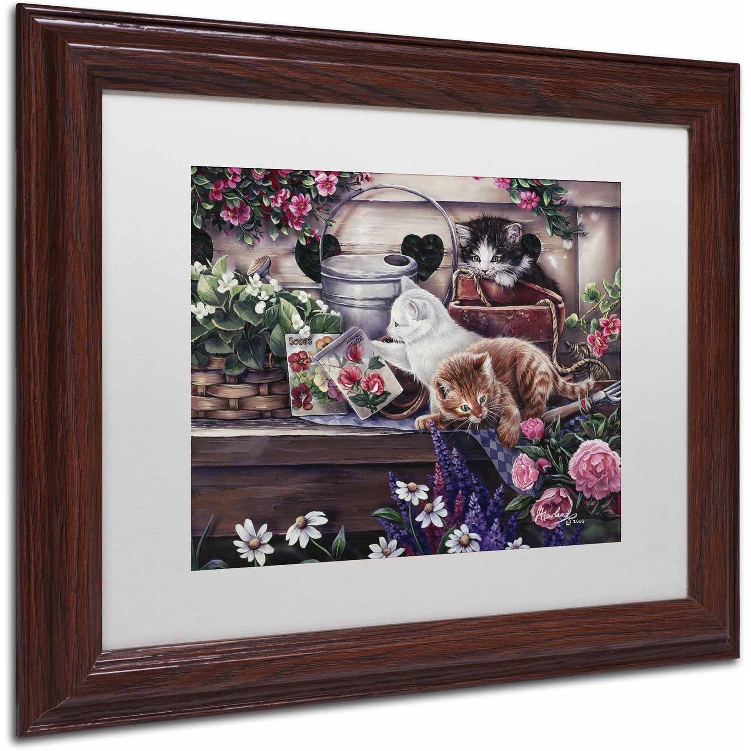 Trademark Fine Art 'Playful Kittens' Canvas Art by Jenny Newland, White Matte, Wood Frame