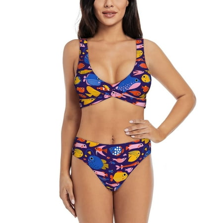 Zeuib Cute Flat Hand Drawn Fishes High Waisted Tummy Control Bikini Set - Knot Front Push Up Top & Cheeky Thong Bottom  Two-Piece Swimsuit for Women-Small