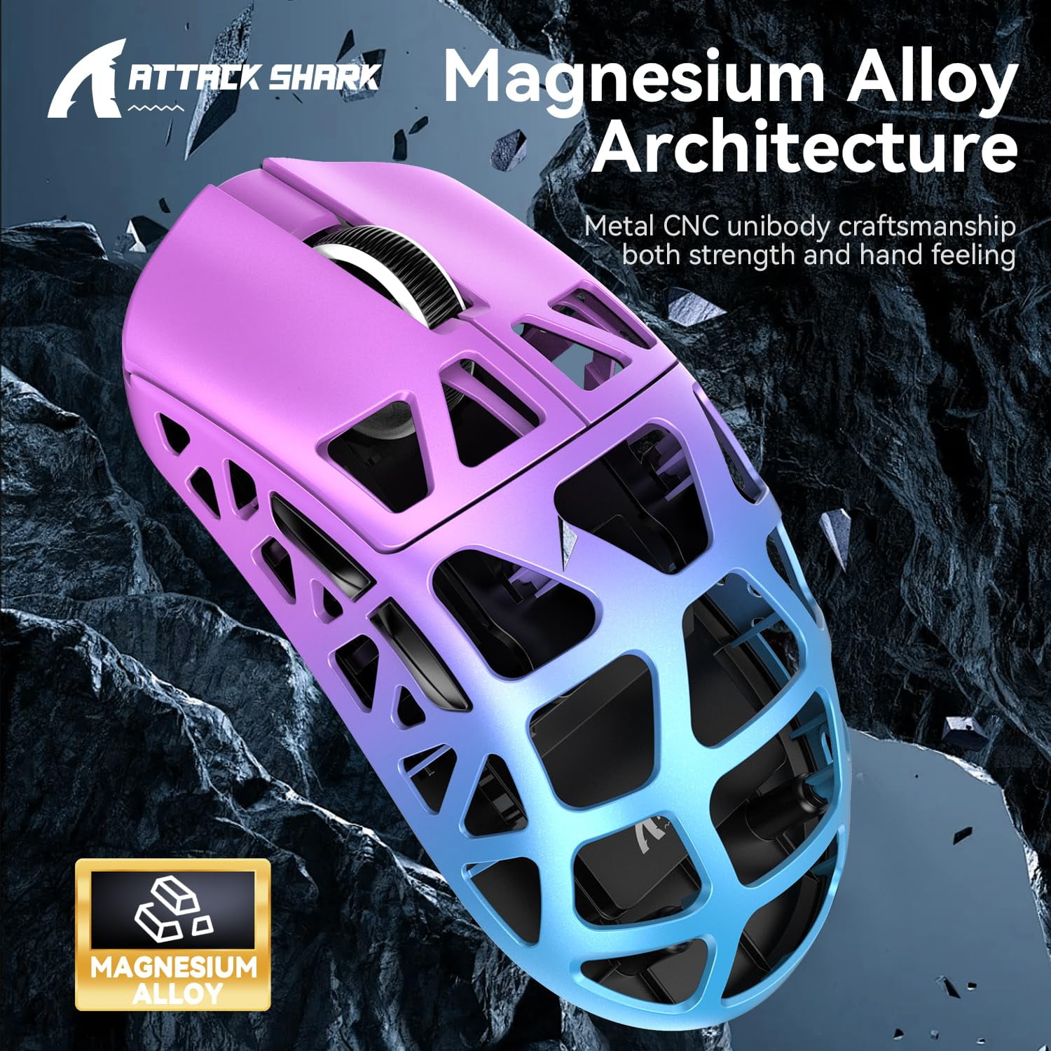 R3 46g Superlight Magnesium Alloy Wireless Gaming Mouse, BT/2.4Ghz/Wired Computer Mouse, 8000Hz Wireless Polling Rate, PAW3395 26K DPI Sensor, Programmable Mice, PC/Laptop/Mac (Purple&Blue)