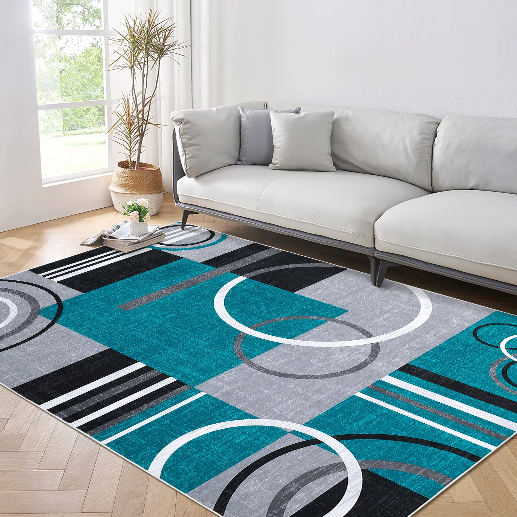 Garvee Modern Geometric Area Rugs 5'x7' Living Room Rugs, Abstract Washable Rug Non-Slip Soft Indoor Throw Carpet Stain Resistant Rug for Dining Room Bedroom, Blue Green