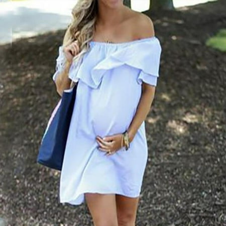 

TANGNADE Women Maternity Off Shoulder Pregnancy Solid Sundress Sexy Dress