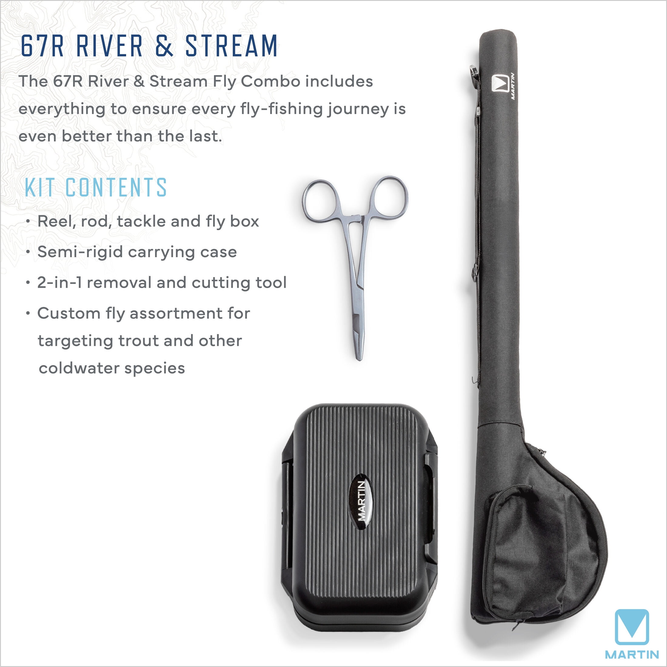 Martin 67R River and Stream Fly Fishing Rod and Reel Combo Kit, 8-Foot 6-Inch Rod, Tackle Box and Hook Removal and Cutting Tool, Brown