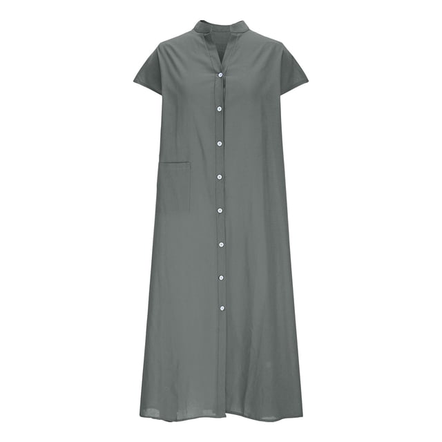 Ovzne Robes Grande Taille pour Femmes Courbes Robe Femmes Mode Été Bouton Décontracté Uni Col en V Manches Courtes Robe Printemps Liquidation
