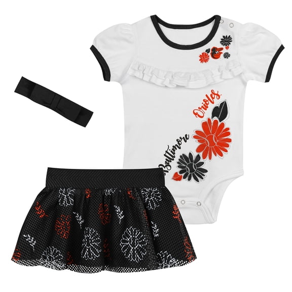 Newborn White/Black Baltimore Orioles Sweet Catcher 3-Piece Bodysuit, Headband and Skirt Set
