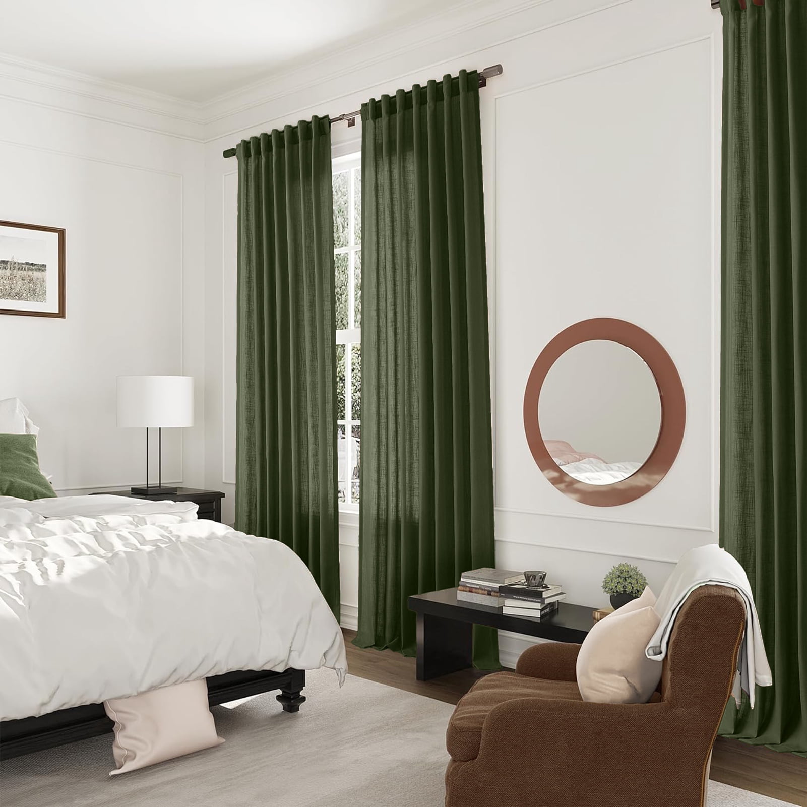Topfinel Olive Green Linen Semi Sheer Curtains 84 Inches Long,Spring Boho Bedroom Living Room Home Decor,Cotton Linen Blended Light Filtering ,Back Tab Window Curtain with Hooks ,Set of 2