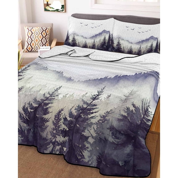 Purple Foggy Forest Twin XL Size Down Alternative Comforter, Lightweight Comforter Quilt Bedding Set with Pillow Shams Country Mountain Birds Pine Trees All Seasons Bed Comforter Duvet Insert 68"x98"