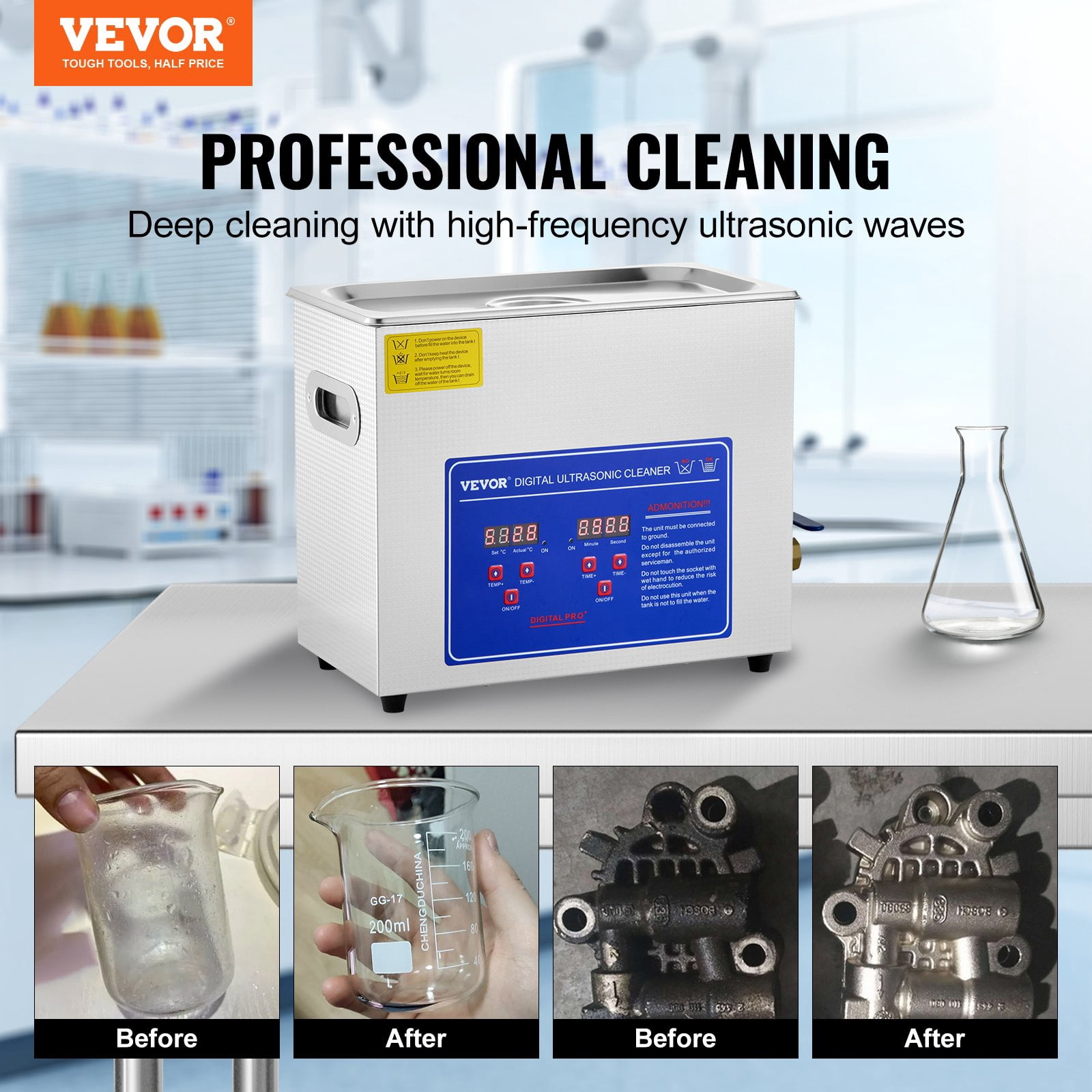 6L Digital Ultrasonic Cleaner, 40kHz, with Heater & Timer, for Jewelry, Glasses & Parts