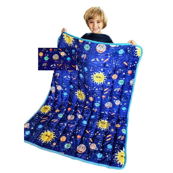 Weighted Blanket for Kids 5 lbs – 55"x42" Minky Plush with Glass Beads – Planets & Solar System – 40–60 lb Children