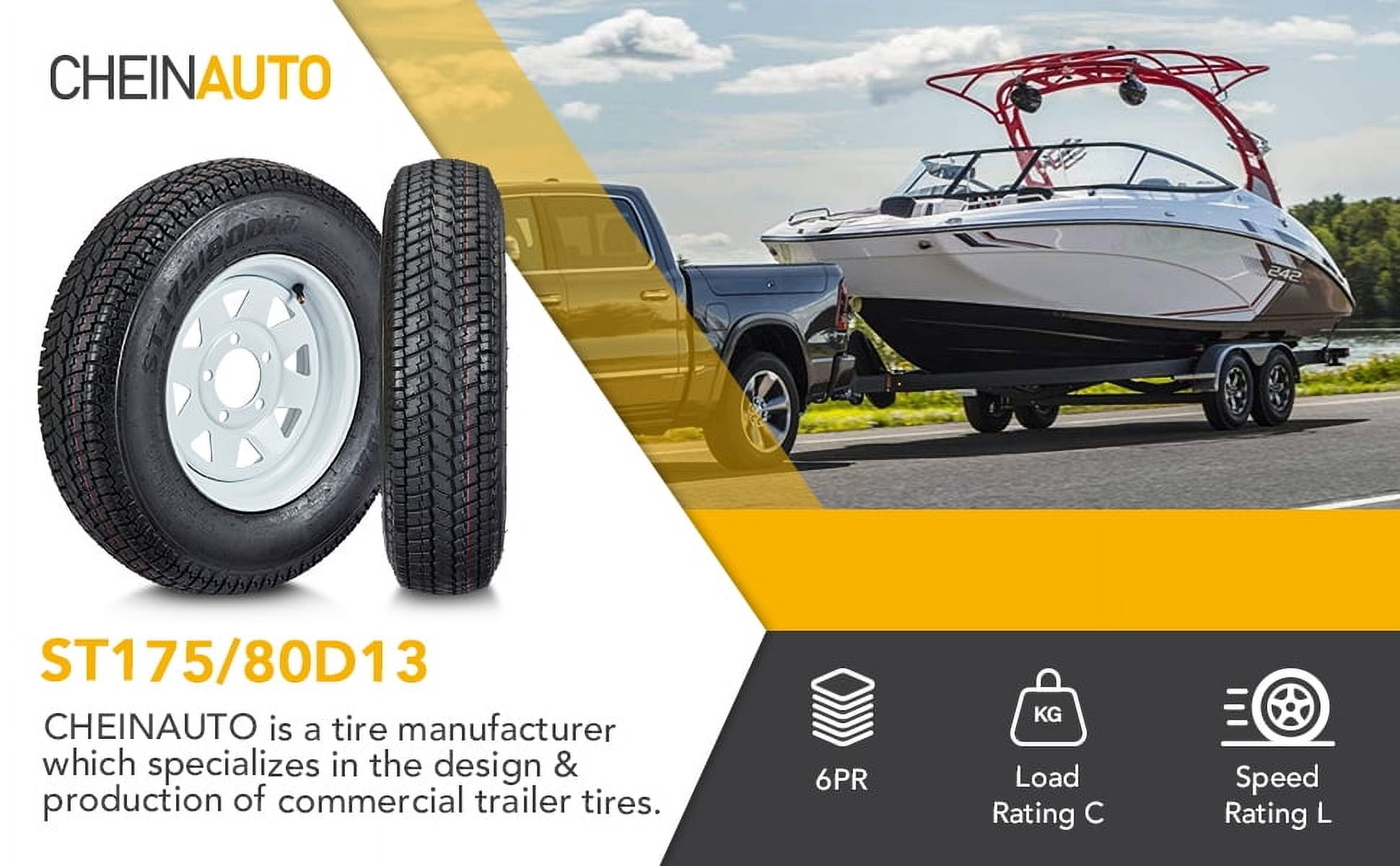 Set of 2 Trailer Tires Rims ST175/80D13 175 80 13 Tire, 5 Lug on 4.5", White Spoke Wheel Load Range C, 6 PLY