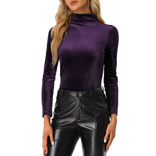 INSPIRE CHIC Chemise à Manches Longues pour Femme Col Montant en Velours Extensible Col Roulé Blouse Basique Hauts Violet P