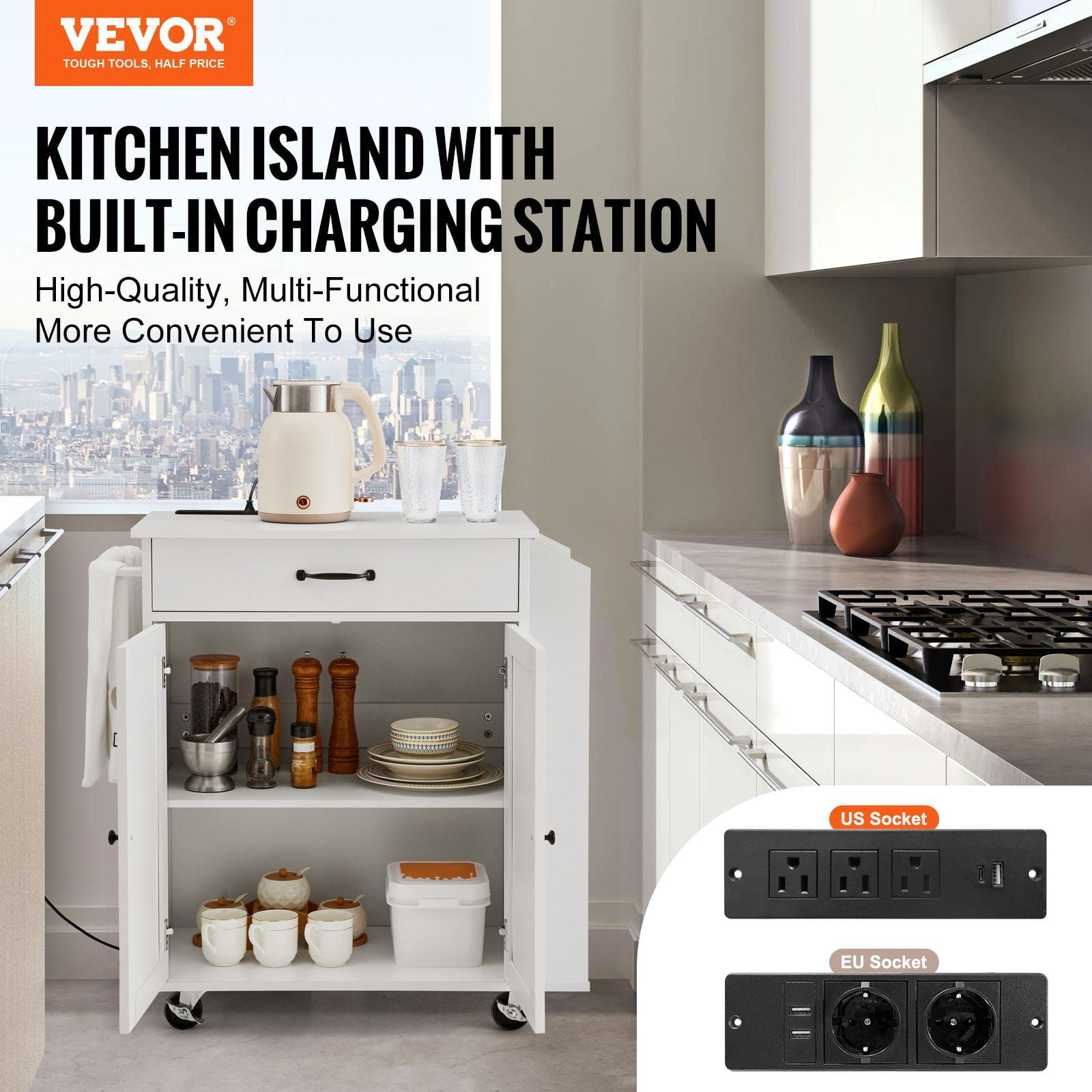 Kitchen Island Cart on Wheels with 2 Drawers, 1 Shelf & Built-in Charging Station, Mobile Rolling Storage Cabinet for Kitchen, Dining Room, Countertop Extension, Butcher Block Top, Easy Assembly