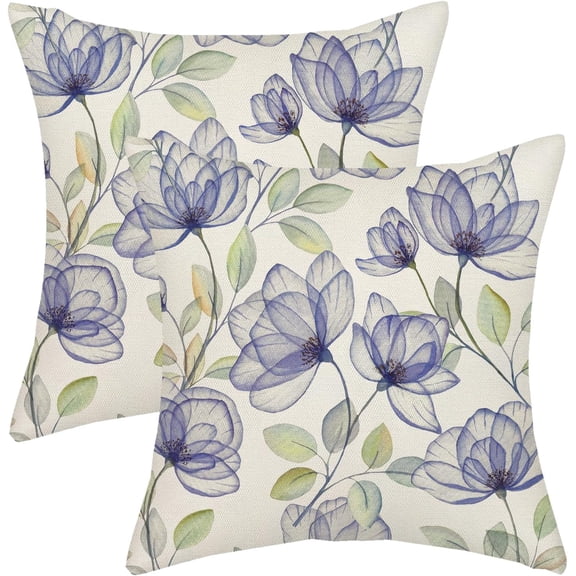 Spring Flower Pillow Covers 18x18 Watercolor Blue Floral Farmhouse Decor Throw Pillows Case for Couch Seasonal Pillowcase Outdoor Decorative Cushion Cases for Sofa Bed Decorations Set of 2