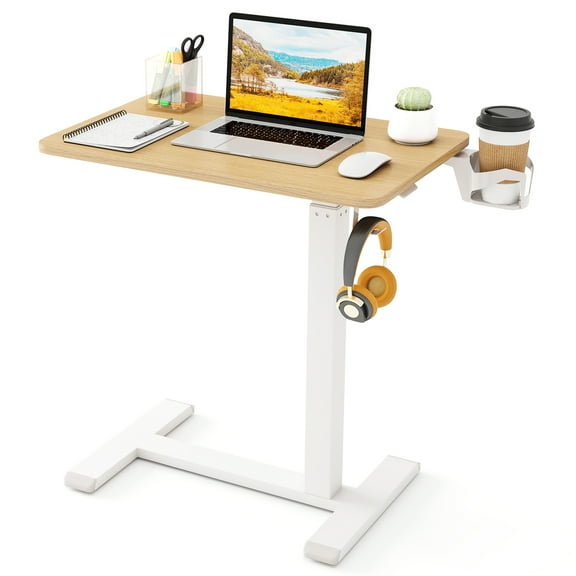 Topbuy Mobile Standing Desk Pneumatic Height Adjustable Rolling Desk with Cup Holder & Headphone Hook Overbed Table with Hidden Wheels Natural