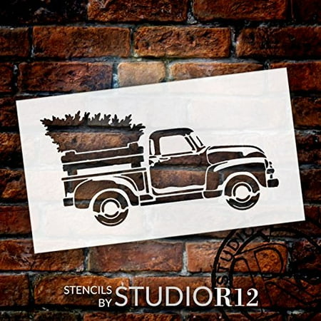Little Red Truck With Christmas Tree Stencil - Choose Size (12" x 7