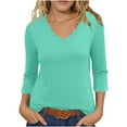 thumbnail image 2 of New trending & for spring GaThRRgYP Women's Long Sleeve Tops Round Neck T-Shirts,Women's Summer Solid Color Quarter Sleeve Temperament V-neck Pullover Top Mint Green M, 2 of 6