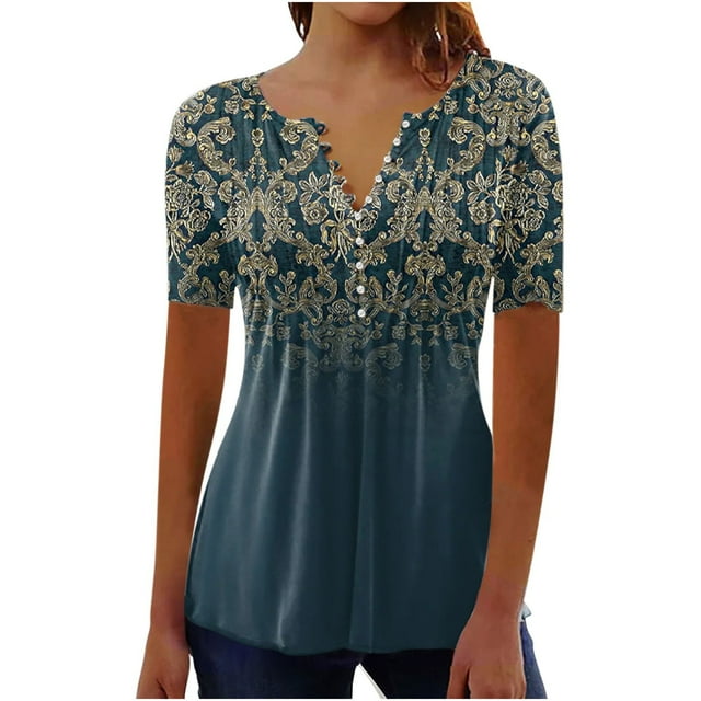 Pompotops Femmes Mode Décontractée Imprimé Col Rond Ample Manches Courtes T-shirt Haut Blouse Chandail Liquidation