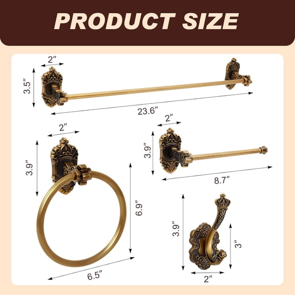 5 Pieces Antique Brass Bathroom Hardware Accessories Set Vintage Towel Rack Toilet Paper Holder Towel Ring Robe Hook Wall Mounted for Bathroom Toilet Kitchen
