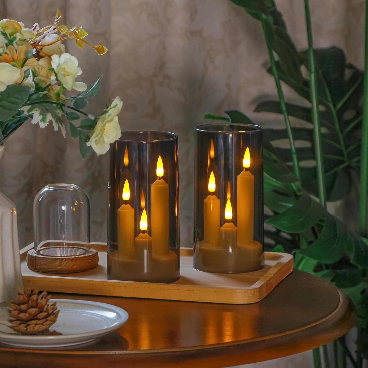 3 in 1 Flameless Taper Short Candles with 10 Key Remote Control and Timer, Battery Operated Pack of 2 LED Acrylic 3" x6" Grey Pillar Flickering Warm Light