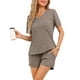 thumbnail image 1 of Conjunto de pijama de mujer INSPIRE CHIC de punto acanalado, ropa de descanso, camiseta de manga corta y pantalones cortos con bolsillos, talla XS, color marrón, 1 of 5