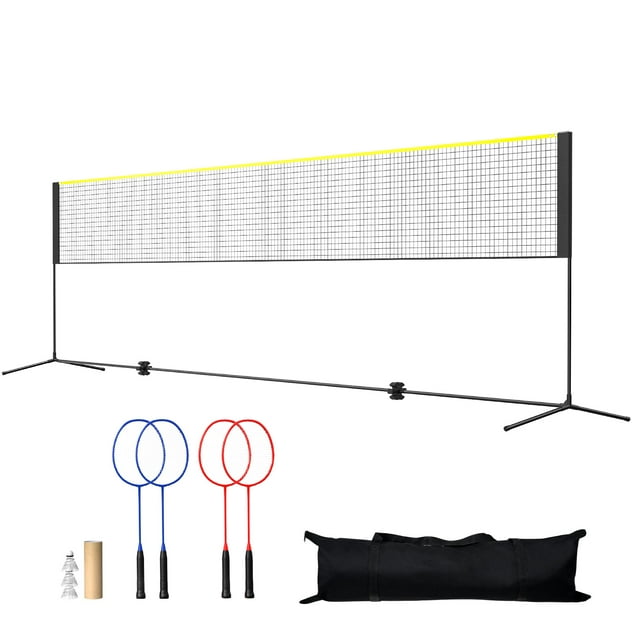 KFFKFF Badminton Net, Height Adjustable Volleyball Net, 20ft Wide Foldable Pickleball Net, Portable Tennis Net Set with Poles, Stand, Bag, Rackets, Nylon Shuttlecocks