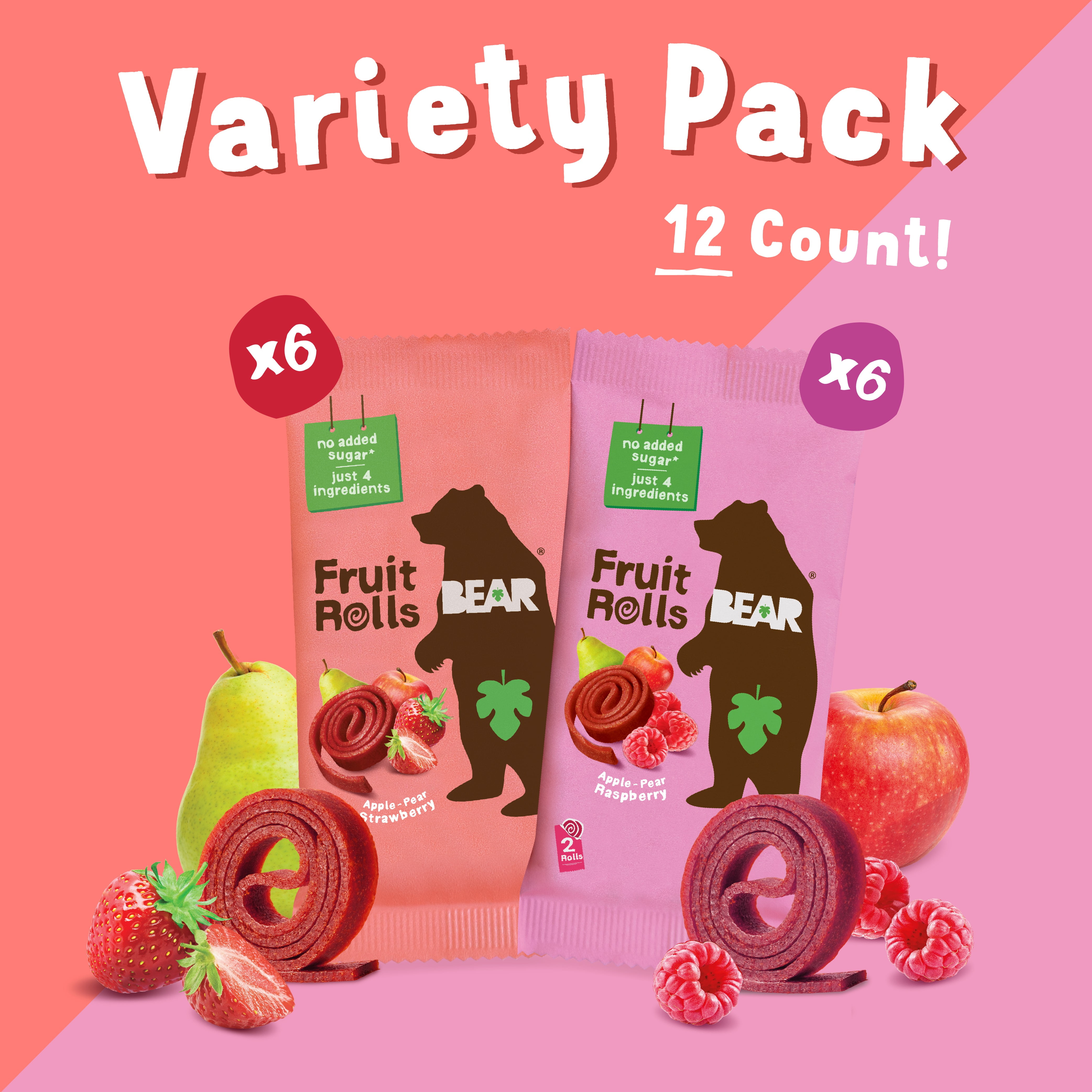BEAR Fruit Rolls Variety Pack Straw/Rasp 8.4oz, No Added Sugar, Non-GMO, 12 count