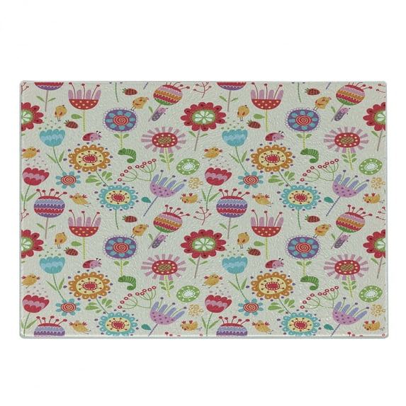 Floral Cutting Board, Cartoon Drawing Style Ladybug Strawberry Bird Caterpillar Vibrant Colored Characters, Decorative Tempered Glass Cutting and Serving Board, Small Size, Multicolor, by Ambesonne