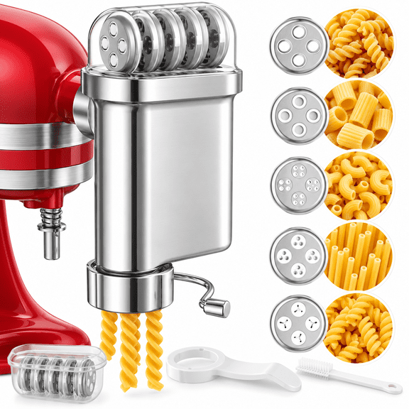 INSMART Metal Pasta Press Attachment for KitchenAid Stand Mixers, 5 Pasta Discs with Storage Case, Silver