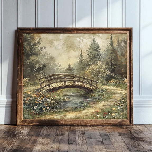 PosterArt Summer Bridge Art Print Rustic Wildflower Wall Décor Moody Dark Academia Poster Countryside Landscape Display, 8x12 UNFRAMED