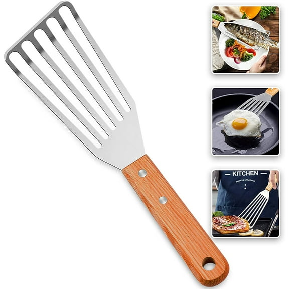 Sunjoy Tech Wooden Handle Fish Spatula, Stainless Steel Nonstick Slotted Serving Turner, Kitchen Steak Metal Cookie Flipper for Frying, Flipping, Turning, Scooping, Grilling