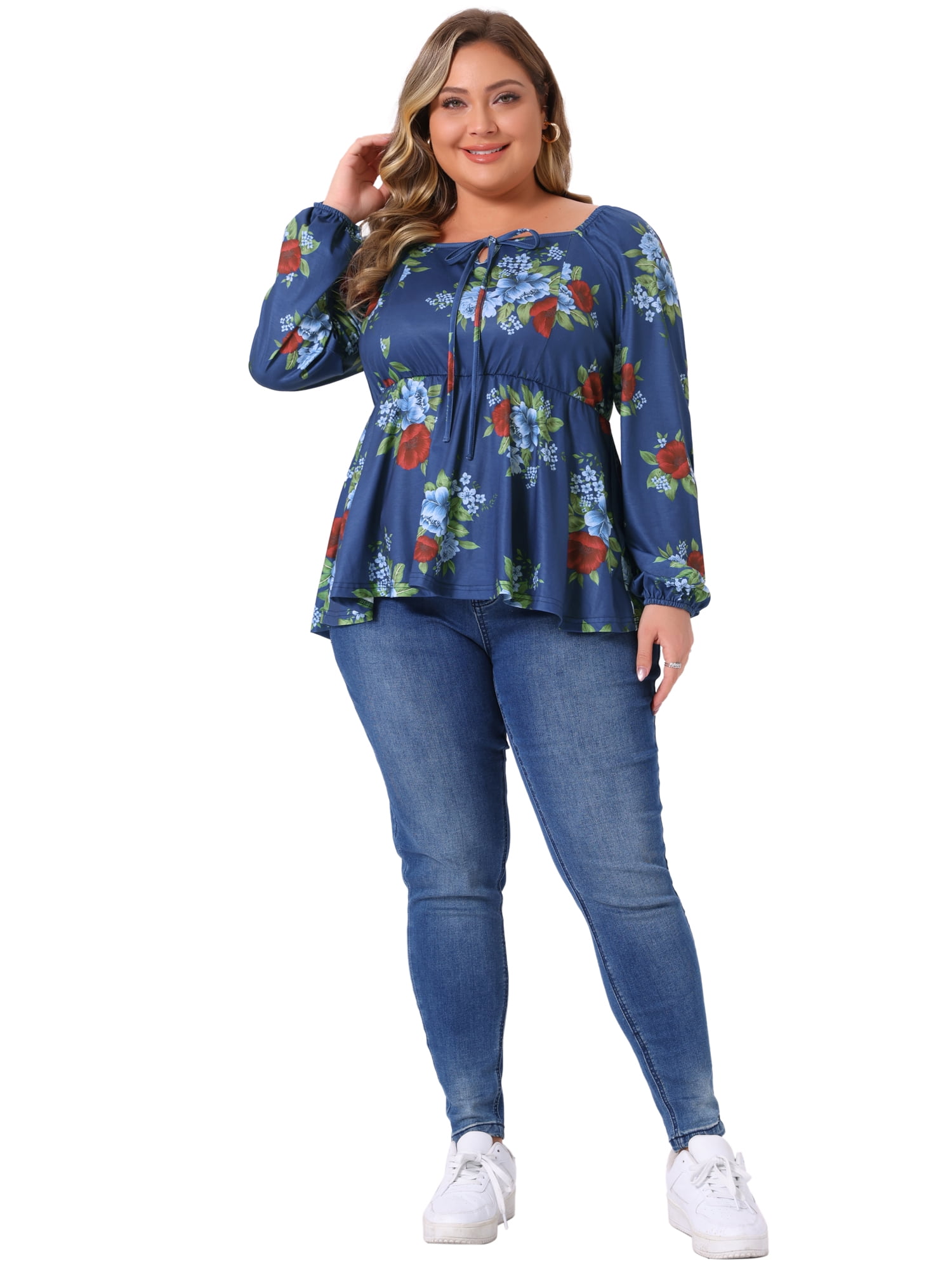 DARING DIVA Women's Plus Sweetheart Neck Long Sleeve Floral Blouse 1X Blue