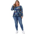 thumbnail image 3 of DARING DIVA Women's Plus Sweetheart Neck Long Sleeve Floral Blouse 1X Blue, 3 of 5