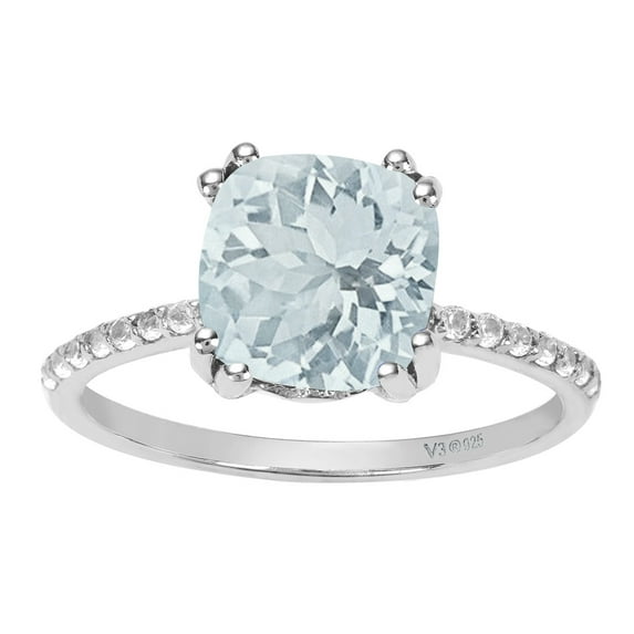 Sterling Silver with Natural Aquamarine and White Zircon Solitaire Ring