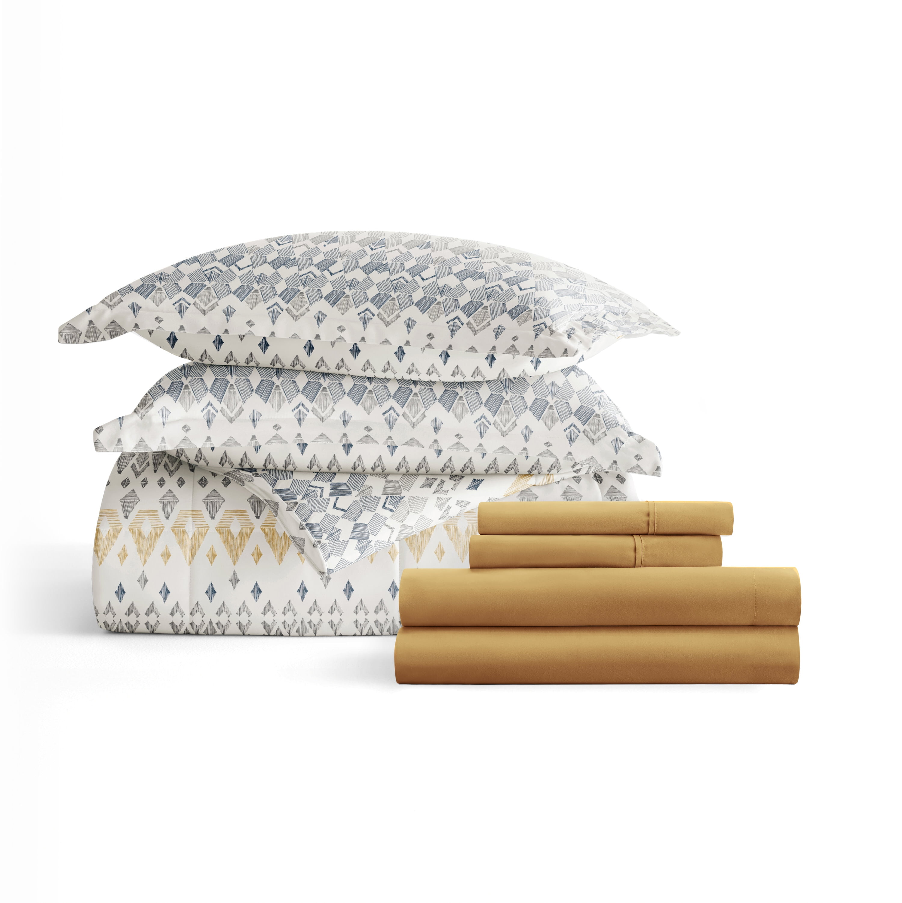 Noble Linens 7 Piece Bedding Bundle, Microfiber Patterned Comforter and Sheet Set, Full