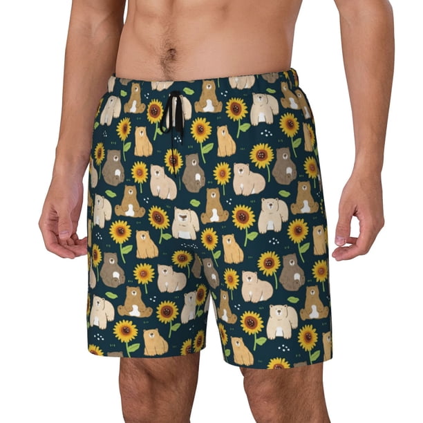 Fotbe Bear Sunflower Traje de Baño para Hombre – Shorts de Natación de Secado Rápido con Forro y Bolsillos-Large