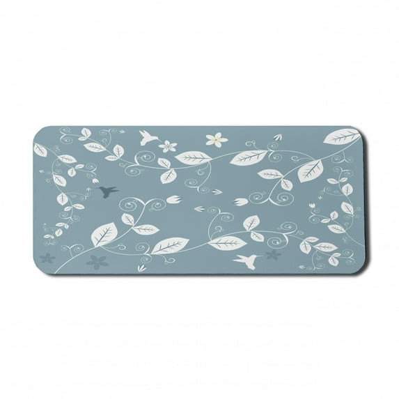 Floral Computer Mouse Pad, Leaves Flowers Buds Blossoms Ivy Tulips Natural Botanic Modern Artwork Image, Rectangle Non-Slip Rubber Mousepad X-Large, 35" x 15", Slate Blue White, by Ambesonne