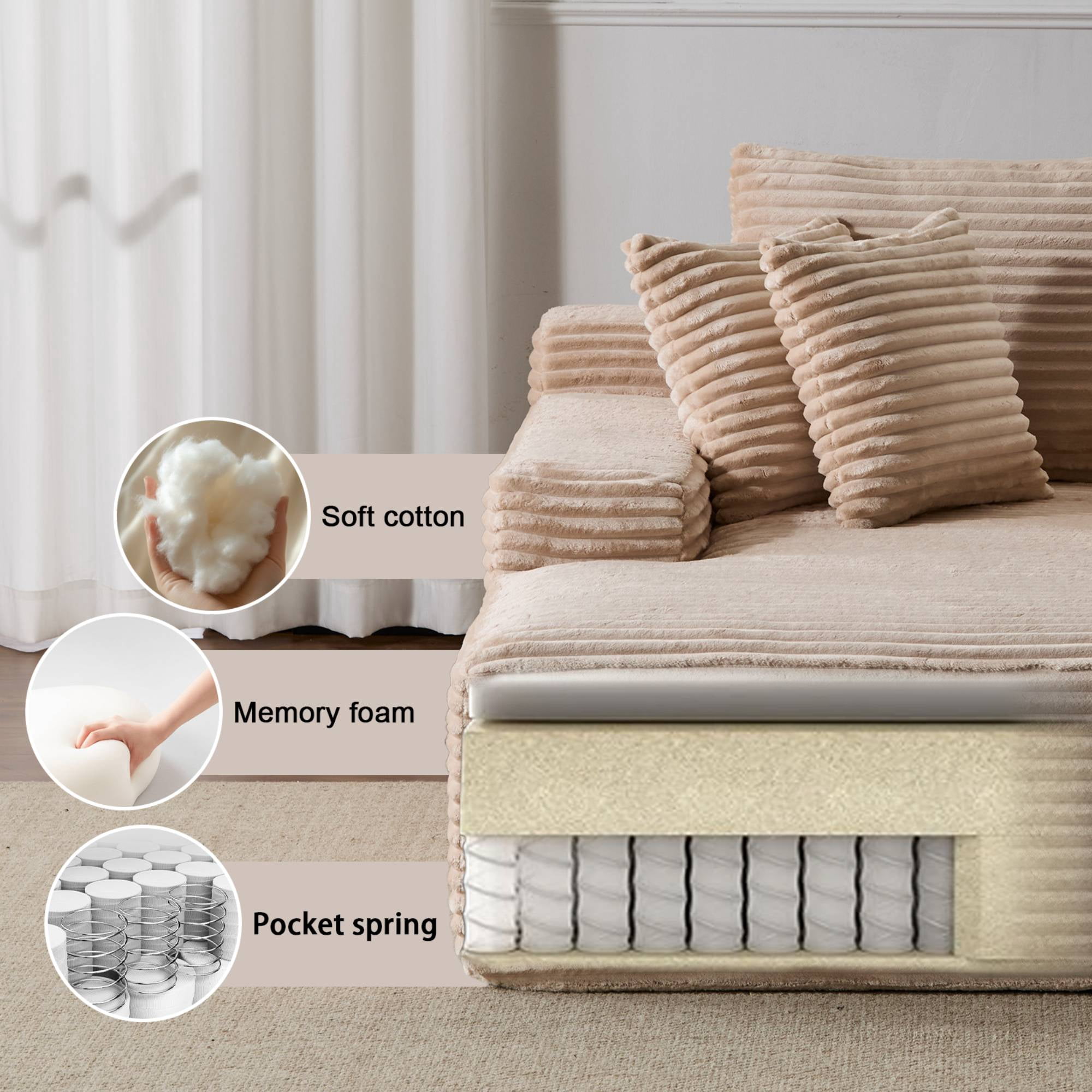 Oversized Chaise Lounge Sofa Chair, Comfy Cloud Sofa Bed, Sleeper Couch with Throw Pillows or Living Room, Beige