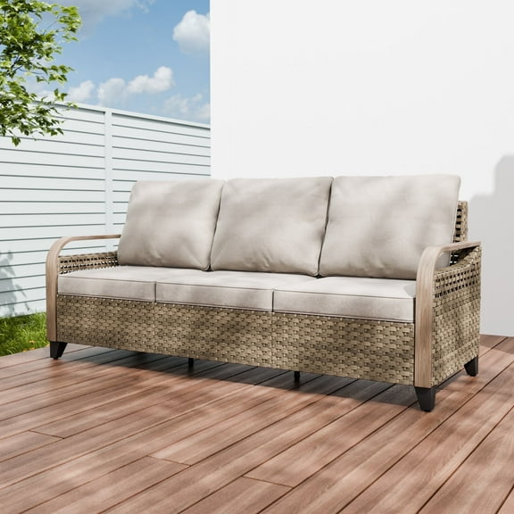 INTER HUT Modern Wicker Patio Sofa, Rattan Outdoor Couch Sofa, 3 Seat Couch, Brown/Gray