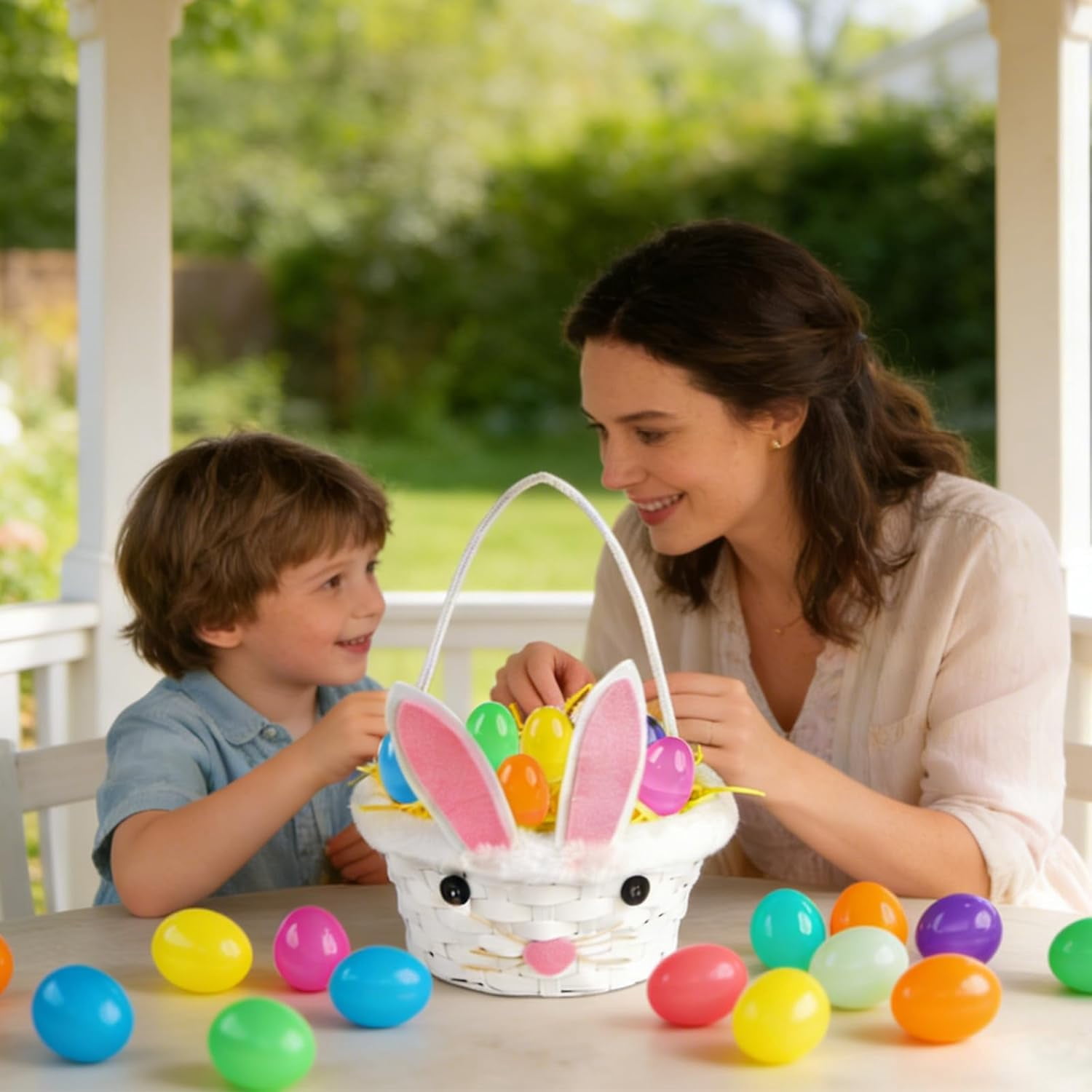 4 Sets Easter Bunny Ear Woven Baskets Set, Easter Eggs Hunting Bucket Wicker with 4 Colors Grass Paper Filler & 20PCS Empty Eggs, Large Candy Wicker Storage Basket with Handle for Party Favor Picnic