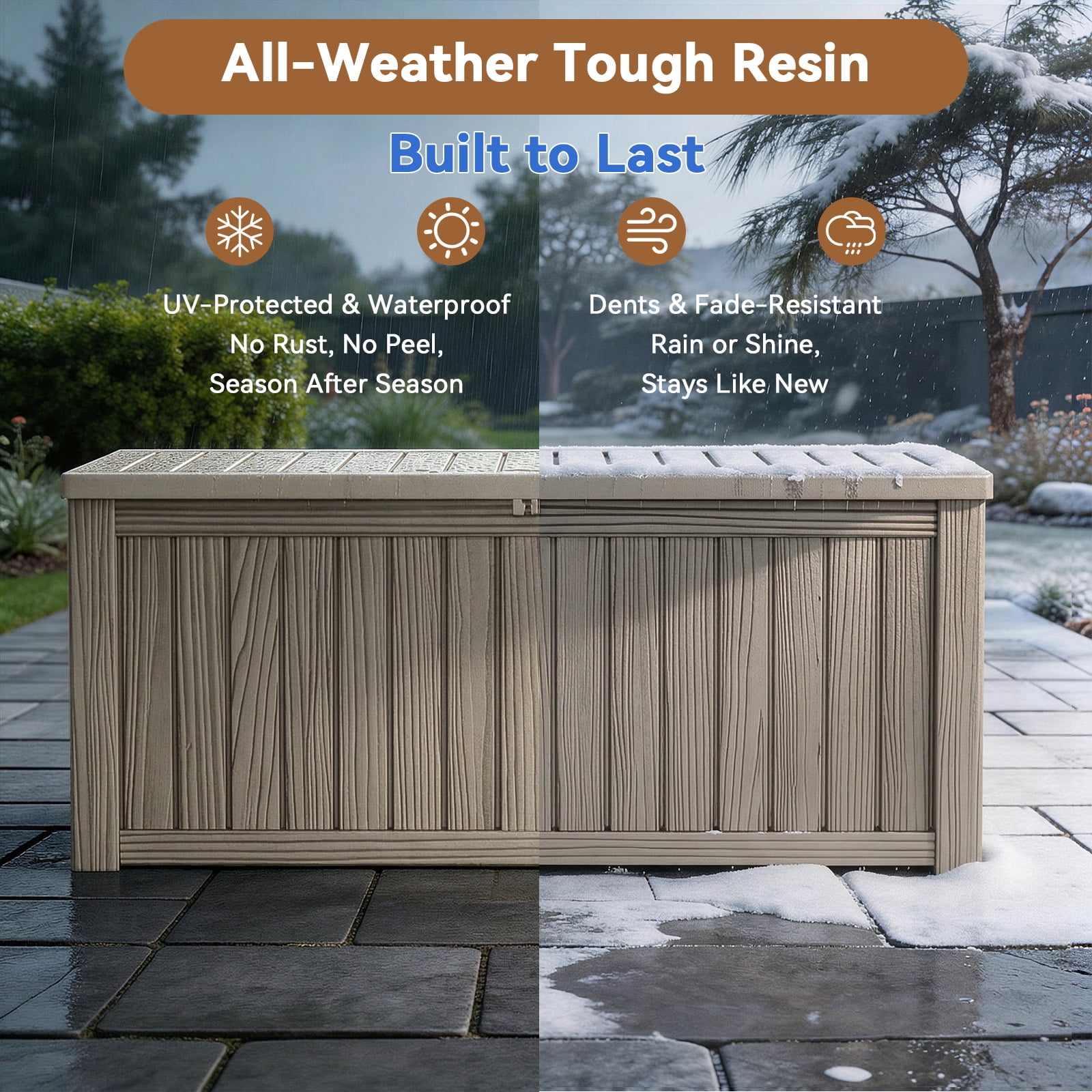 EASY UP 120gallon outdoor resin storage deck box, weather-resistant and lockable, suitable for storing tools, clothing, and packages; ideal for garages, gardens, and bedrooms (LIGHT BROWN).