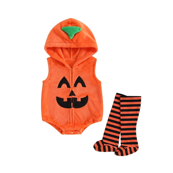 RUINIXCW Newborn Baby Boy Girl Halloween Pumpkin Costume Infant Baby Boys Girls Fall Winter Clothes Sleeveless Hooded Zipper Fleece Romper with Leg Warmers Set Toddler Halloween Cosplay Outfits