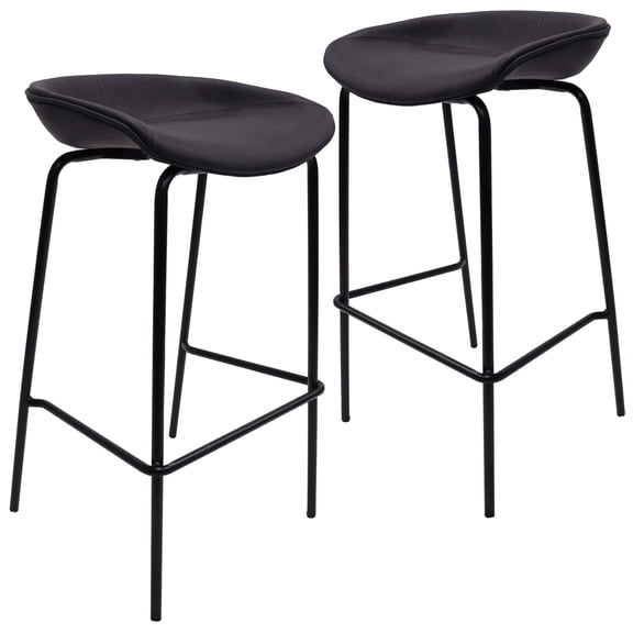 LeisureMod Servos Modern Barstool with Upholstered Faux Leather Seat and Powder Coated Iron Frame, Set of 2 (Black)