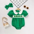 thumbnail image 2 of ZEHJUHAN Baby Girl's Clover Embroidered Romper Set, Ruffle Bubble Sleeve Lapel Collar Onesie with Hair Bow For Summer Green，1-3M, 2 of 11