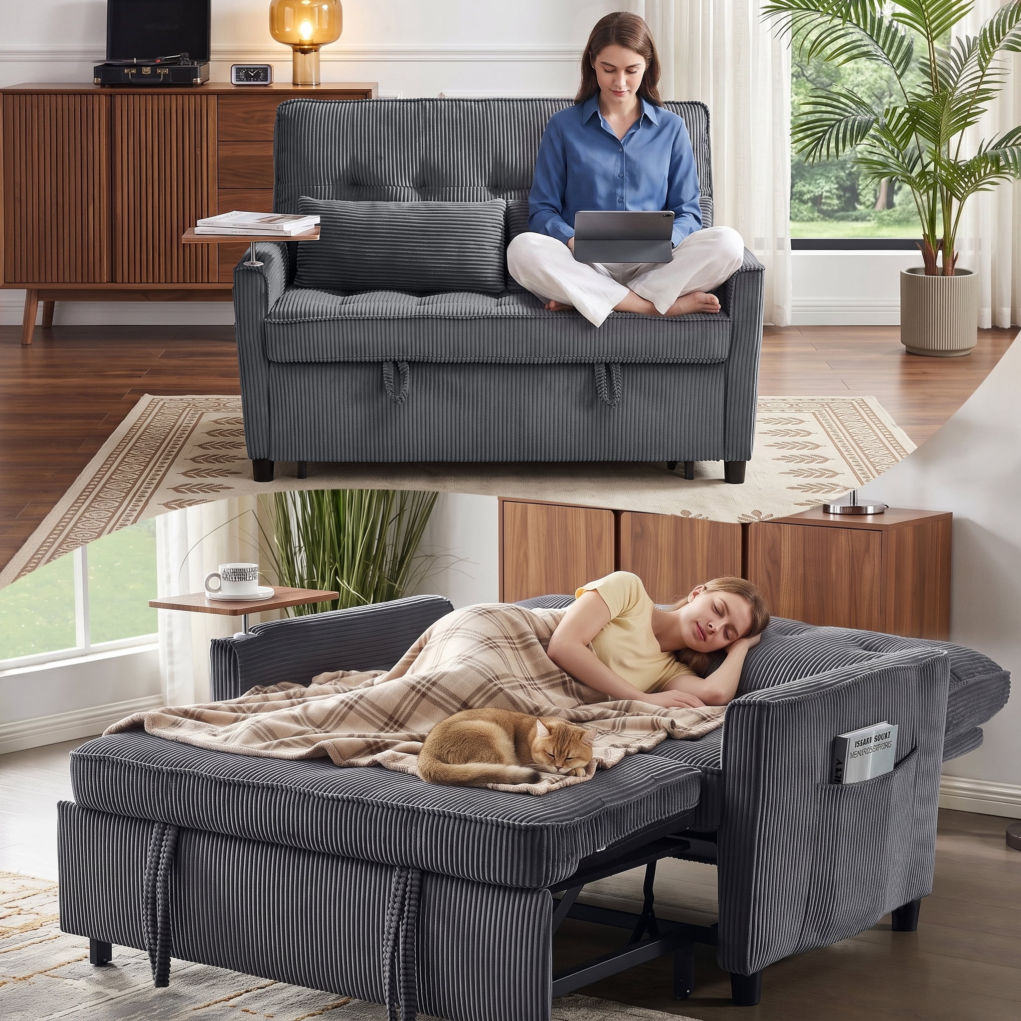avobird 54'' 3 in 1 Pull Out Sofa Bed, Convertible Couch with Adjustable Backrest/Side Pockets/USB Charging Ports, Sleeper Sofa with small table for Living Room, Dark Gray