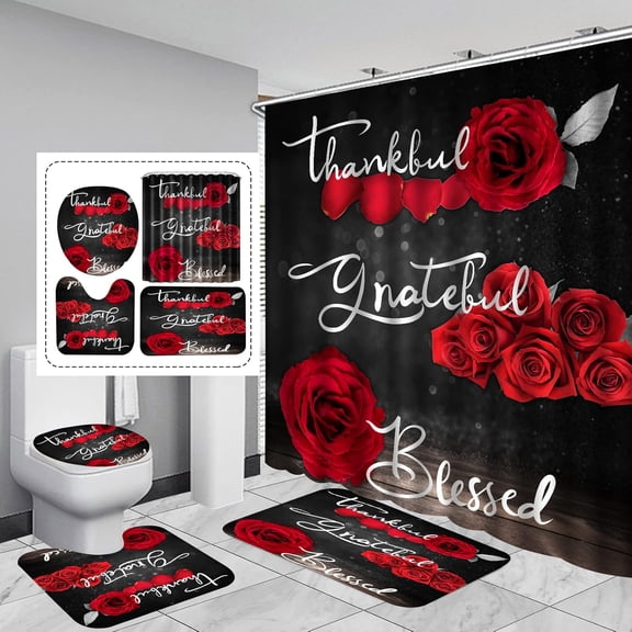 Red Rose Shower Curtain Sets, Thankful Grateful Blessed Bathroom Curtain with Non-Slip Rug, Toilet Lid Cover, Bath Mat and 12 Hooks, Romantic Showy Floral Wedding Decor for Bath