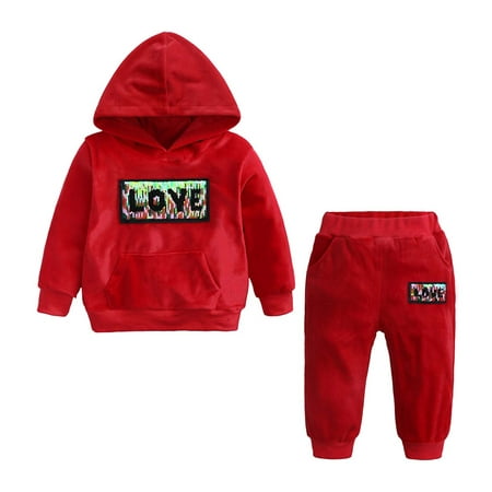 

Kids Toddler Baby Boys Girls Autumn Winter Outfit Velvet Clothes Long Sleeve Hoodie Warm Sweatshirt Tops With kangaroo Pocket Jogger Long Pants 2Pcs Tracksuit Set 9 Months-7 Years