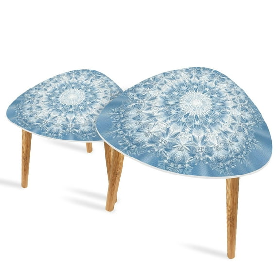 Set of 2 Triangle End Table Holiday Linen Paper Symmetrical Shapes Line Work Light Blue Set of 2 Side Tables End Tables, Nesting Tables for Living Room