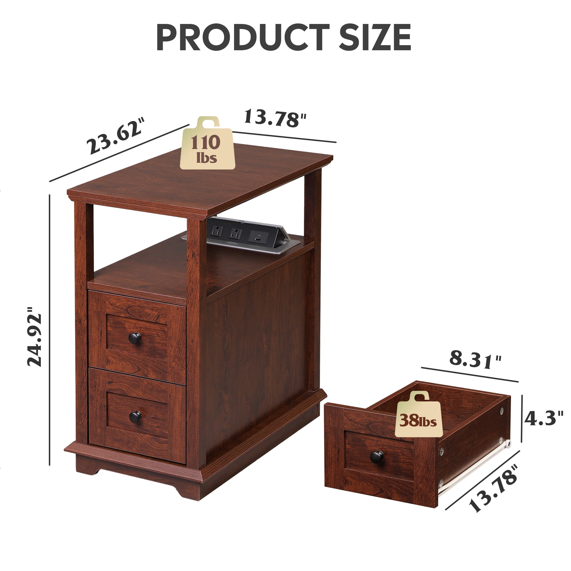 GALAXHERO Narrow End Table with Charging Station Wooden Side Table with 2 Drawers for Living Room, Bedroom, Small Space, Antique Cherry