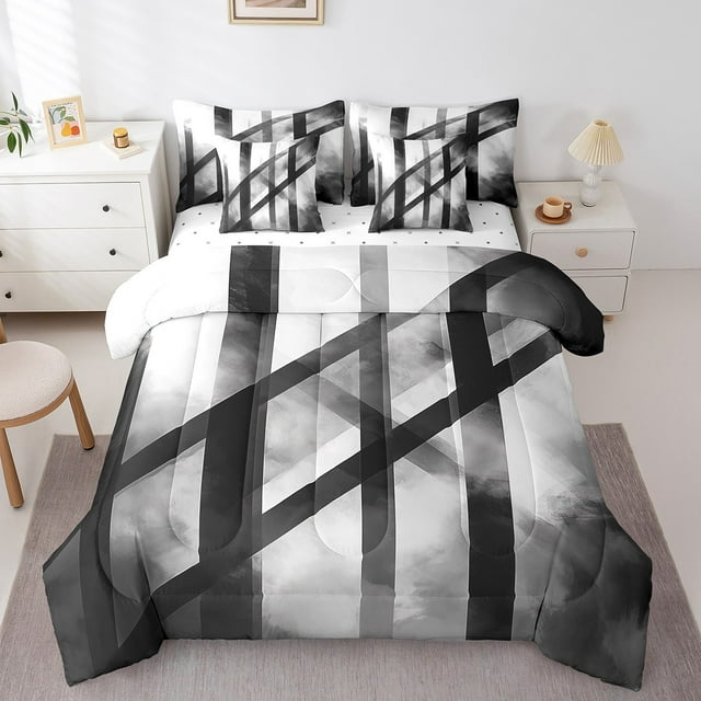 Erosebridal Abstract Geometric Stripes Bedding Sets Queen Size,Oil Painting Style Comforter Sets with Sheets,Modern Desgin Bed in a Bag Queen Size,Breathable Room Decor Reversible,7-Piece